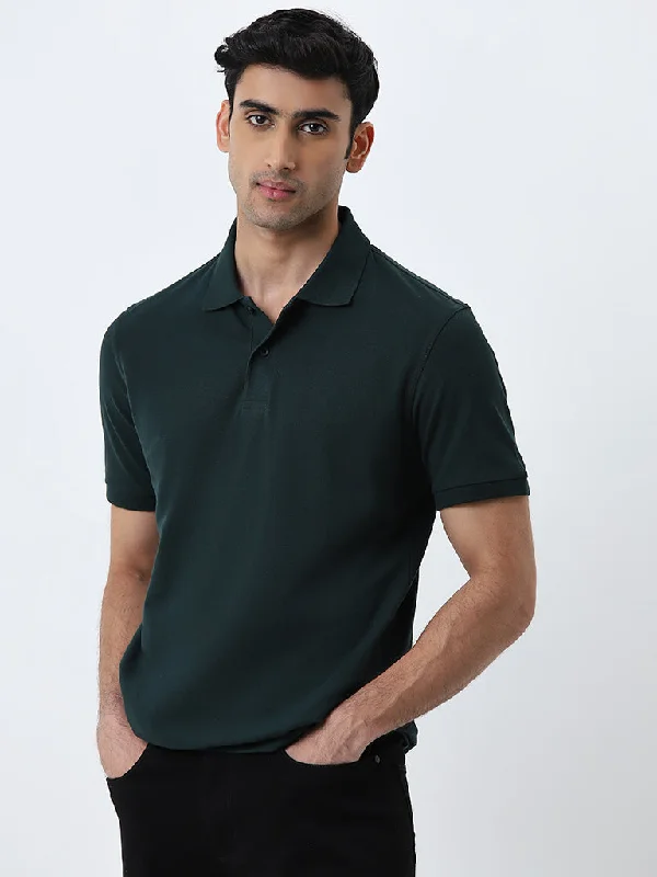 Men's vintage - inspired retro polo shirts with unique patternsWES Casuals Dark Green Slim-Fit Cotton Blend Polo T-Shirt