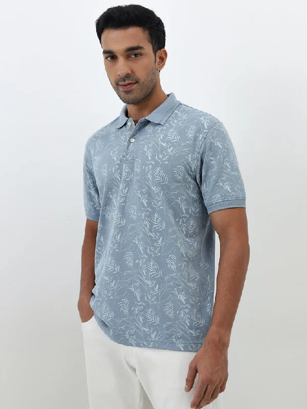 Men's breathable cotton blend polo shirts for summer outingsWES Casuals Dusty Blue Leaf Design Relaxed-Fit Polo T-Shirt