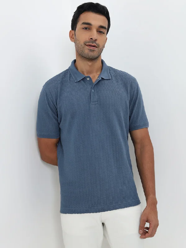 Men's reversible polo shirts with two different looksWES Casuals Dusty Blue Textured Relaxed-Fit Polo T-Shirt