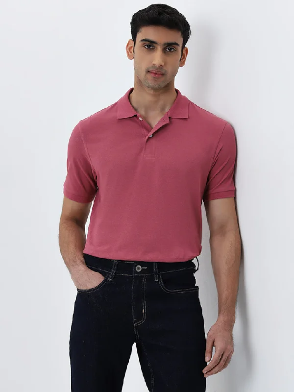 Men's high - collar polo shirts with a modern twistWES Casuals Dusty Pink Slim-Fit Cotton Blend Polo T-Shirt