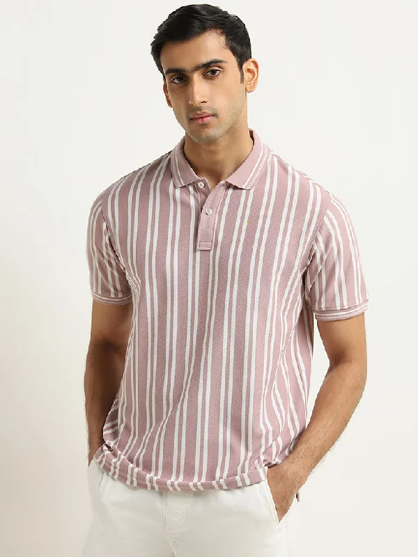 Men's ribbed cuffs and hem polo shirts for a textured lookWES Casuals Dusty Pink Striped Relaxed-Fit Polo T-Shirt