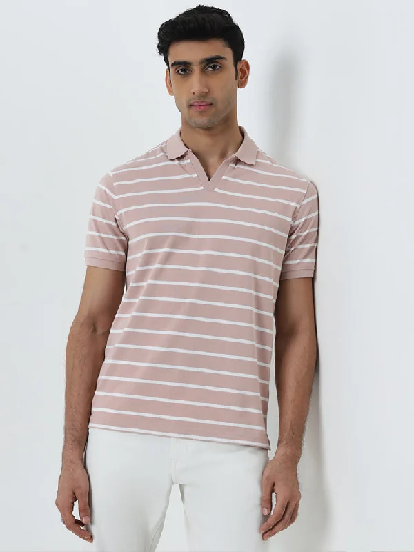 Men's luxury cashmere blend polo shirts in solid colorsWES Casuals Dusty Pink Striped Relaxed-Fit Polo T-Shirt