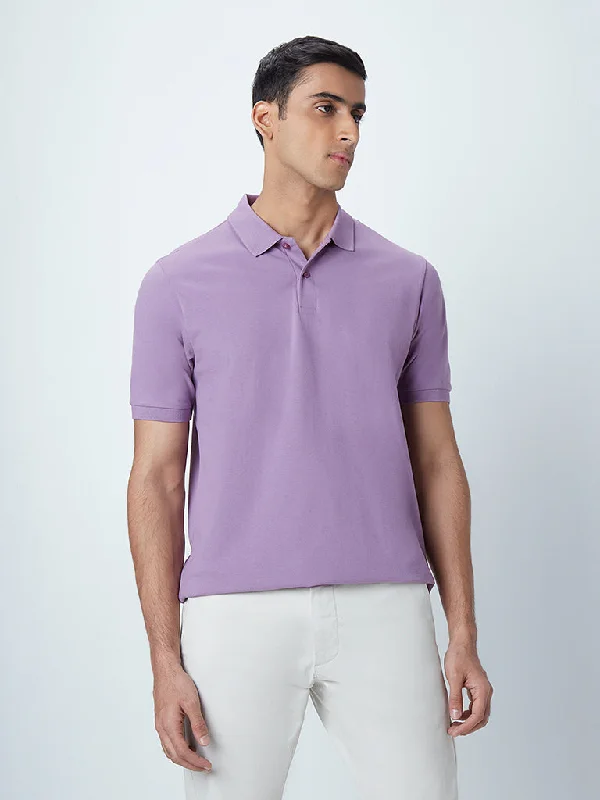 Men's long sleeve classic fit polo shirts with embroidered logosWES Casuals Lavender Cotton Blend Slim-Fit Polo T-Shirt