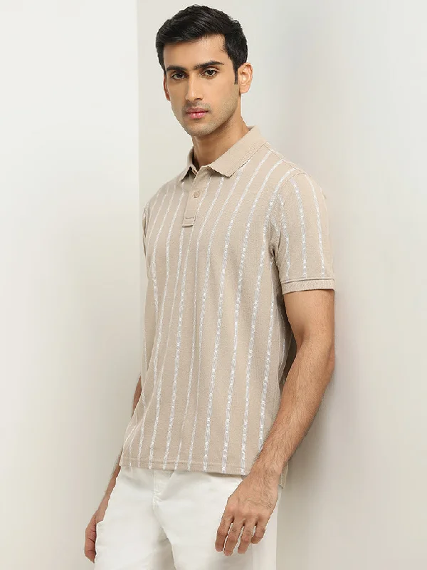 Men's formal - style silk blend polo shirts for special occasionsWES Casuals Light Brown Striped Relaxed-Fit Polo T-Shirt