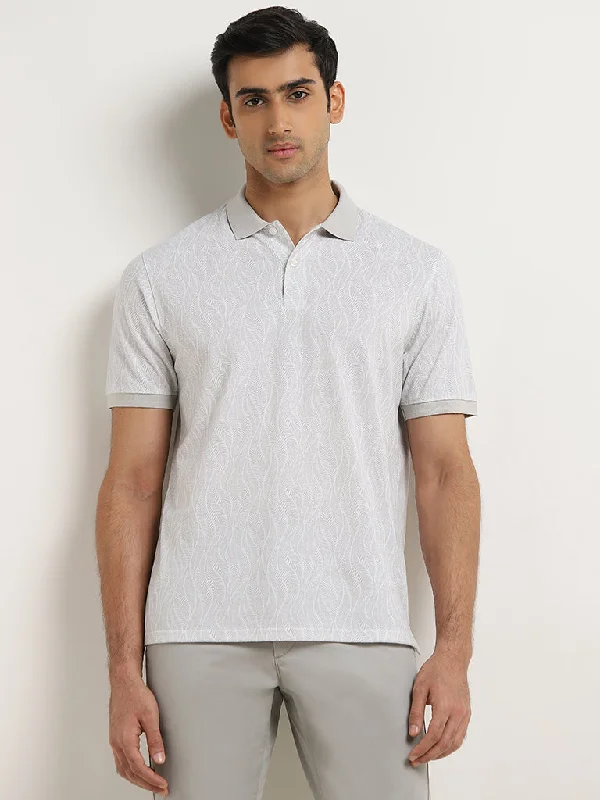 Men's jacquard woven polo shirts with intricate designsWES Casuals Light Grey Leaf Design Relaxed-Fit Polo T-Shirt