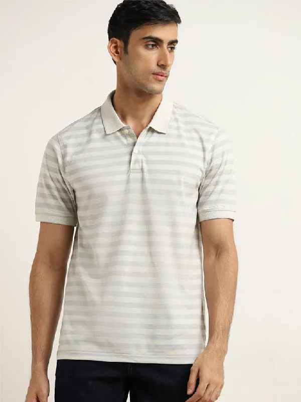 Men's vintage - inspired retro polo shirts with unique patternsWES Casuals Light Grey Striped Relaxed-Fit Polo T-Shirt