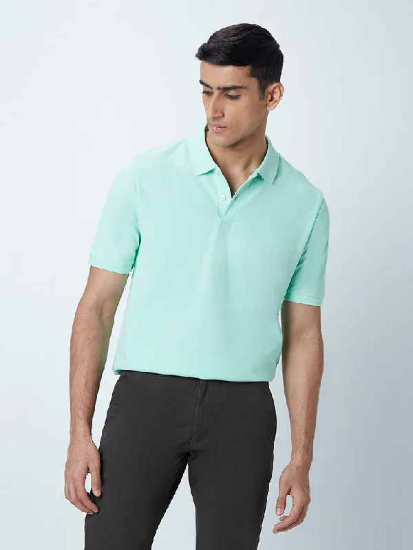 Men's long sleeve classic fit polo shirts with embroidered logosWES Casuals Light Mint Cotton Blend Slim-Fit Polo T-Shirt