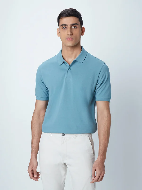 Men's slim fit short sleeve polo shirts with contrast collarsWES Casuals Light Teal Cotton Blend Relaxed-Fit Polo T-Shirt