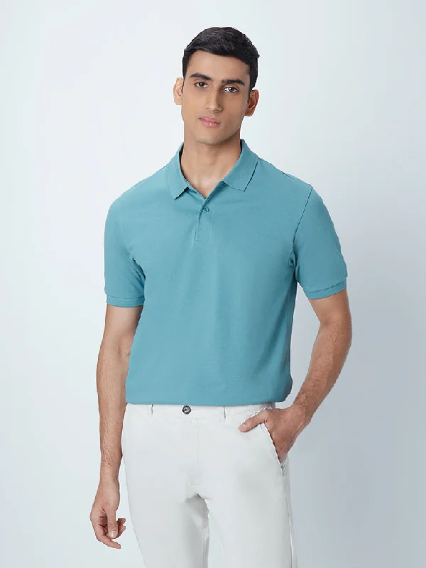 Men's high - collar polo shirts with a modern twistWES Casuals Light Teal Cotton Blend Slim-Fit Polo T-Shirt