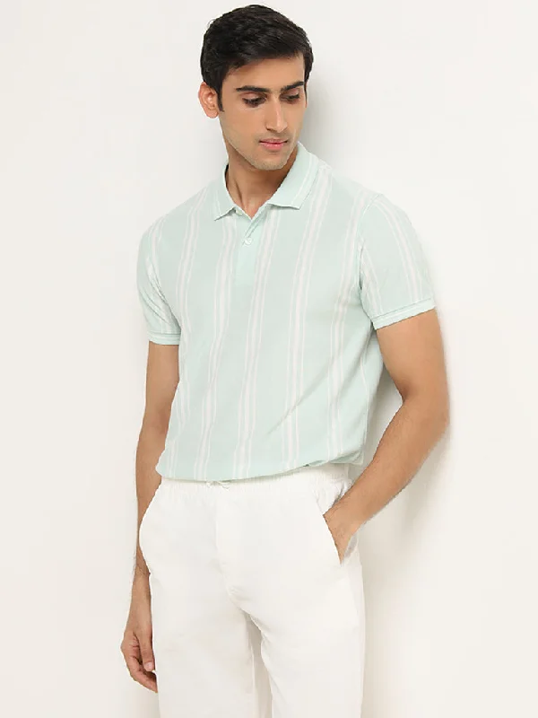 Men's jacquard woven polo shirts with intricate designsWES Casuals Mint Striped Slim-Fit Polo T-Shirt