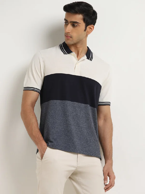 Men's two - tone stripe polo shirts with a preppy styleWES Casuals Navy Colour-Blocked Relaxed-Fit Polo T-Shirt