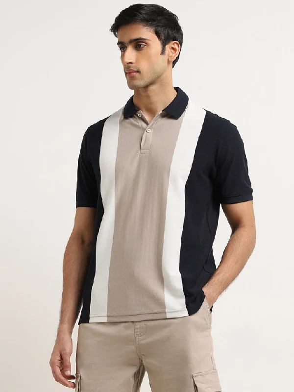 Men's button - down spread collar polo shirts for business casualWES Casuals Navy Colour-Blocked Relaxed-Fit Polo T-Shirt