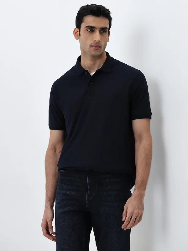 Men's slim fit short sleeve polo shirts with contrast collarsWES Casuals Navy Solid Relaxed-Fit Polo T-Shirt