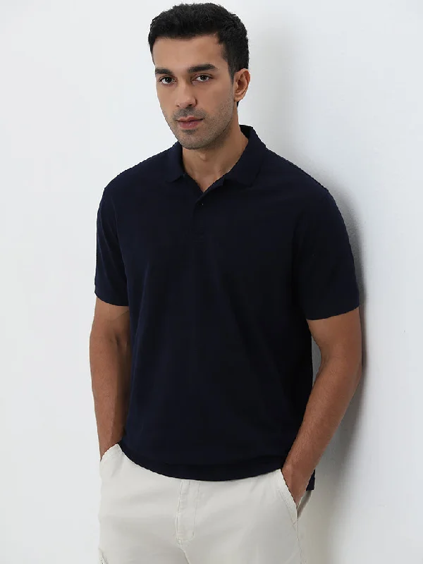 Men's vintage - inspired retro polo shirts with unique patternsWES Casuals Navy Solid Relaxed-Fit Polo T-Shirt