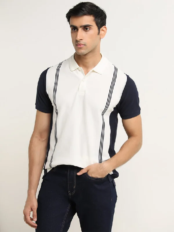 Men's slim fit short sleeve polo shirts with contrast collarsWES Casuals Navy Striped Design Slim-Fit Polo T-Shirt