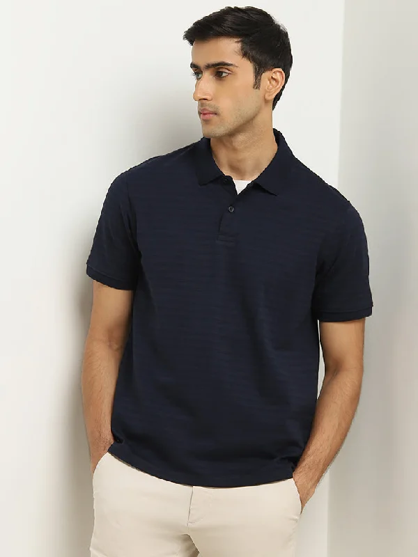 Men's two - tone stripe polo shirts with a preppy styleWES Casuals Navy Striped Relaxed-Fit Polo T-Shirt