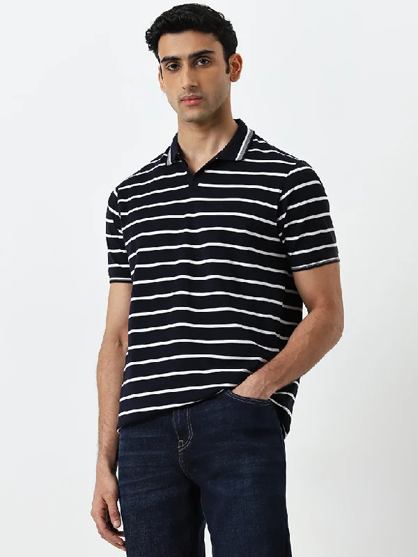 Men's reversible polo shirts with two different looksWES Casuals Navy Striped Relaxed-Fit Polo T-Shirt