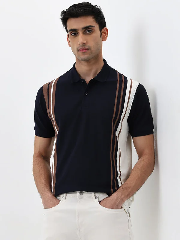 Men's luxury cashmere blend polo shirts in solid colorsWES Casuals Navy Striped Relaxed-Fit Polo T-Shirt