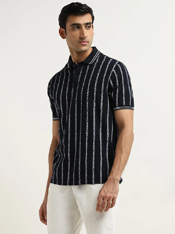 Men's high - collar polo shirts with a modern twistWES Casuals Navy Striped Slim-Fit Polo T-Shirt