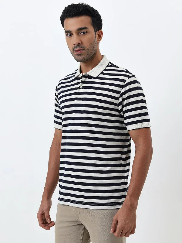 Men's luxury cashmere blend polo shirts in solid colorsWES Casuals Navy Striped Slim-Fit Polo T-Shirt