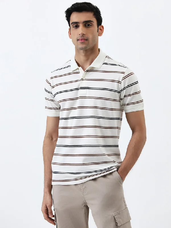 Men's high - collar polo shirts with a modern twistWES Casuals Off-White Striped Relaxed-Fit Polo T-Shirt