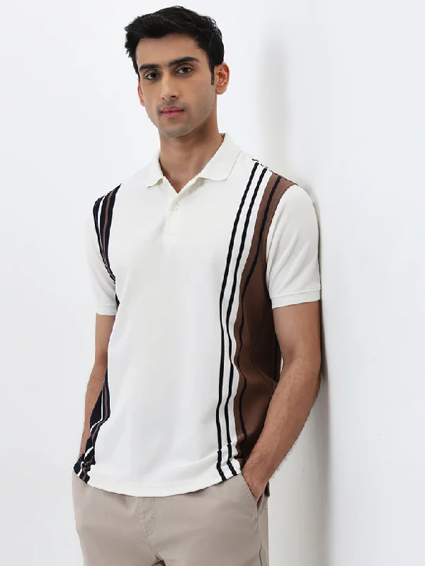 Men's stretchable athletic polo shirts for fitness workoutsWES Casuals Off-White Striped Relaxed-Fit Polo T-Shirt