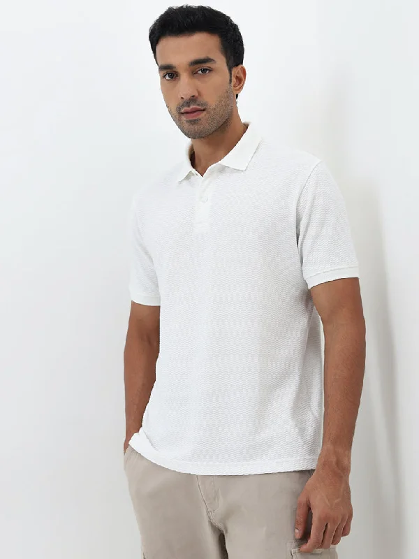 Men's jacquard woven polo shirts with intricate designsWES Casuals Off-White Textured Relaxed-Fit Polo T-Shirt