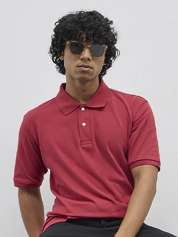 Men's ribbed cuffs and hem polo shirts for a textured lookWES Casuals Red Solid Slim-Fit Cotton Blend Polo T-Shirt