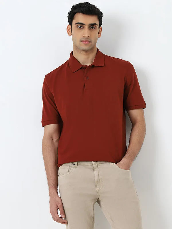 Men's jacquard woven polo shirts with intricate designsWES Casuals Rust Relaxed-Fit Cotton Blend Polo T-Shirt