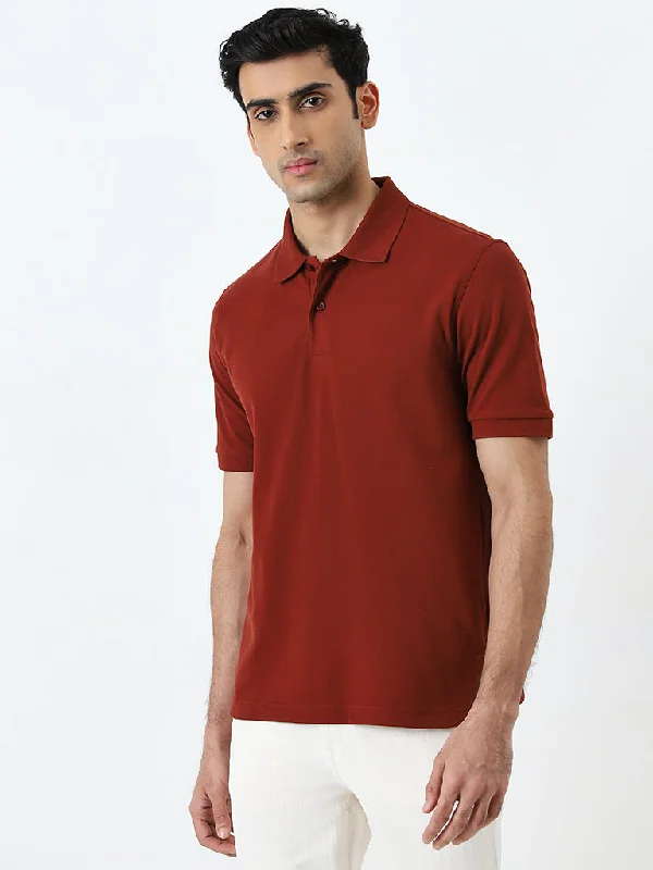 Men's ribbed cuffs and hem polo shirts for a textured lookWES Casuals Rust Slim-Fit Cotton Blend Polo T-Shirt