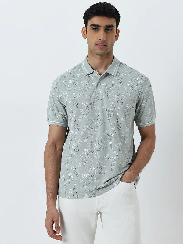 Men's ribbed cuffs and hem polo shirts for a textured lookWES Casuals Sage Floral Printed Relaxed-Fit Polo T-Shirt