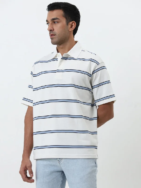 Men's reversible polo shirts with two different looksWES Casuals White Striped Relaxed-Fit Polo T-Shirt