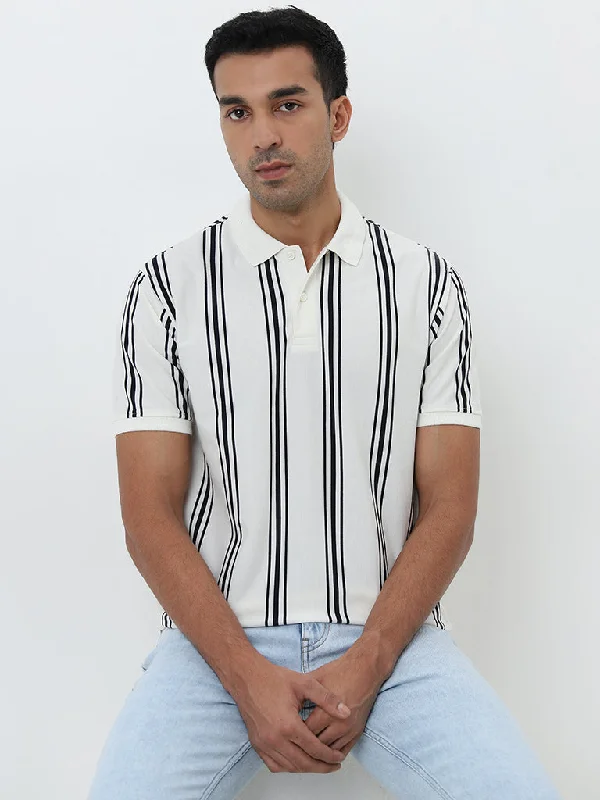 Men's vintage - inspired retro polo shirts with unique patternsWES Casuals White Striped Relaxed-Fit Polo T-Shirt