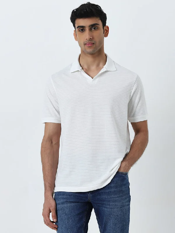 Men's ribbed cuffs and hem polo shirts for a textured lookWES Casuals White Textured Relaxed-Fit Polo T-Shirt