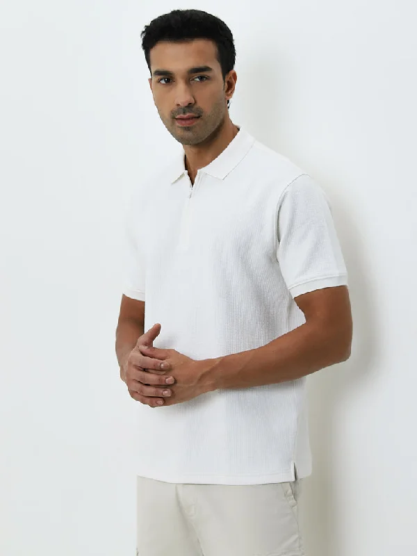 Men's high - collar polo shirts with a modern twistWES Casuals White Textured Relaxed-Fit Polo T-Shirt